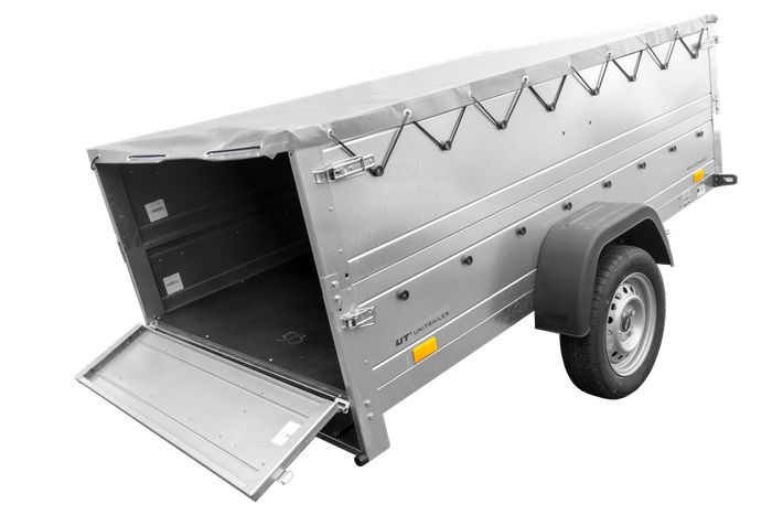 Grande remorque 230x125 avec bâche plate grise, rehausses de ridelles et roue jockey – garden trailer 230 kipp