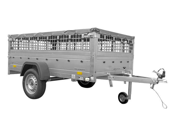 Grande remorque 230x125 avec bâche plate, ridelles grillagées, roue jockey et tiges de support bâche – garden trailer 230 kipp